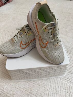 Nike Beige Knit Running Sneakers with Orange Swoosh